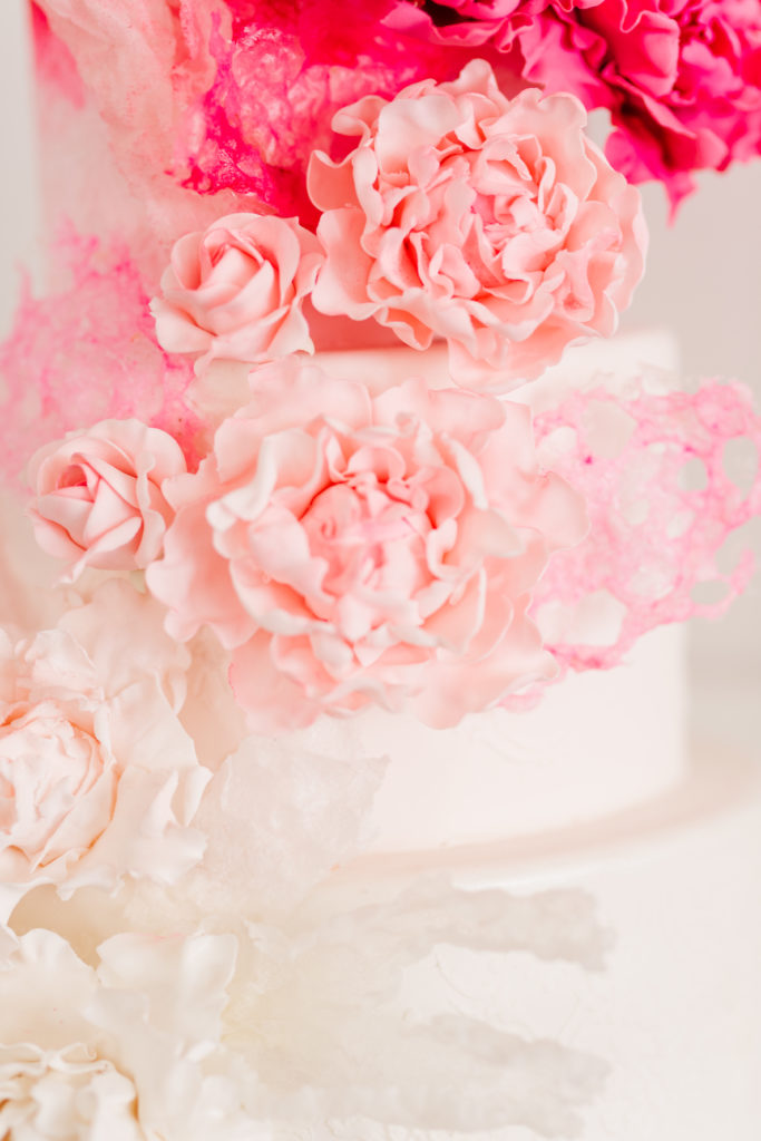picture of a gorgeous pink and white cake with sugar flowers